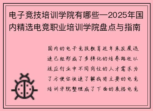 电子竞技培训学院有哪些—2025年国内精选电竞职业培训学院盘点与指南